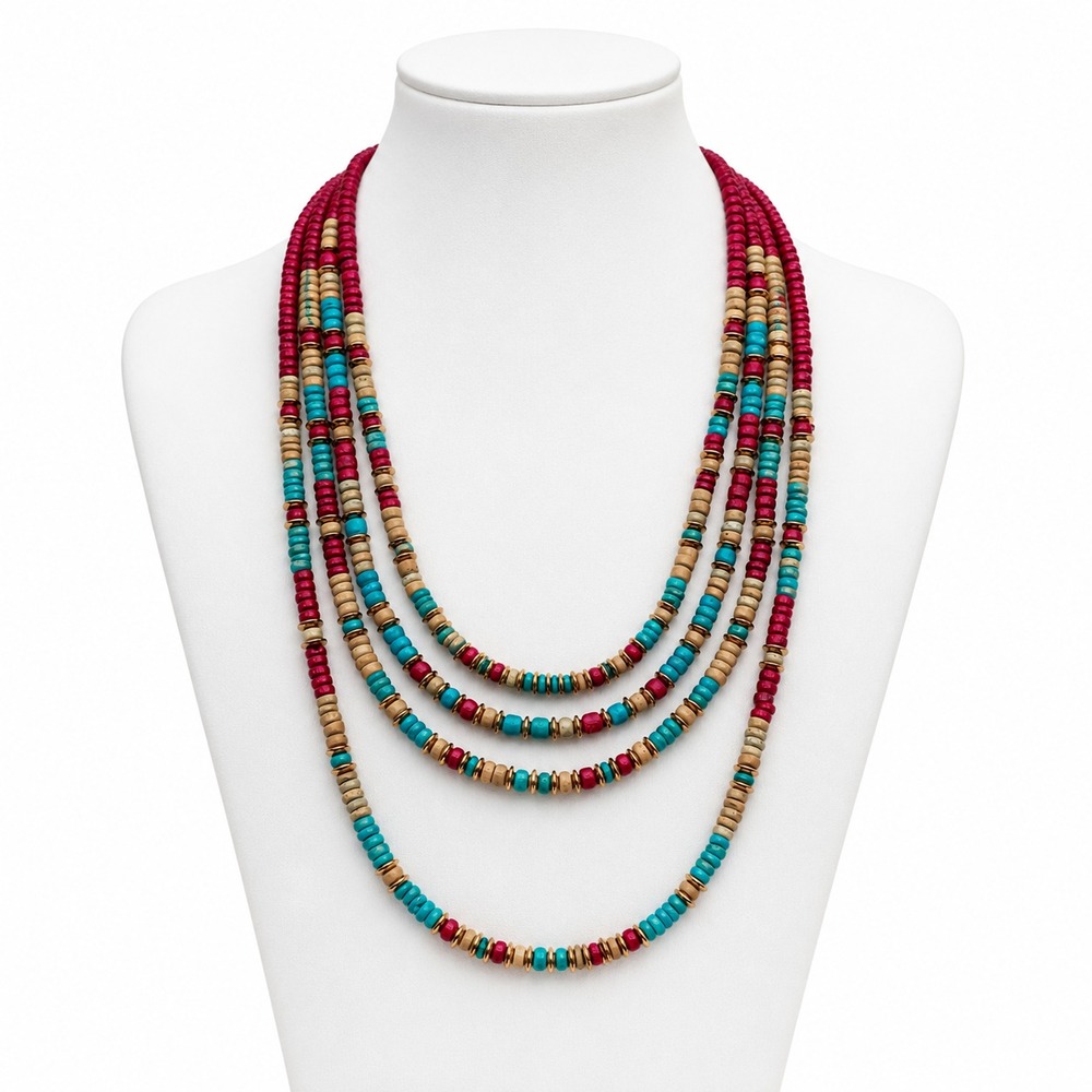 VTG Southwestern 4 Strand Heshi Style Bead Necklace Turquoise Gray Burgundy Gold